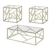 3-Piece 48 in. Gold/Clear Large Rectangle Glass Coffee Table Set with Open Geometric Base by Benjara