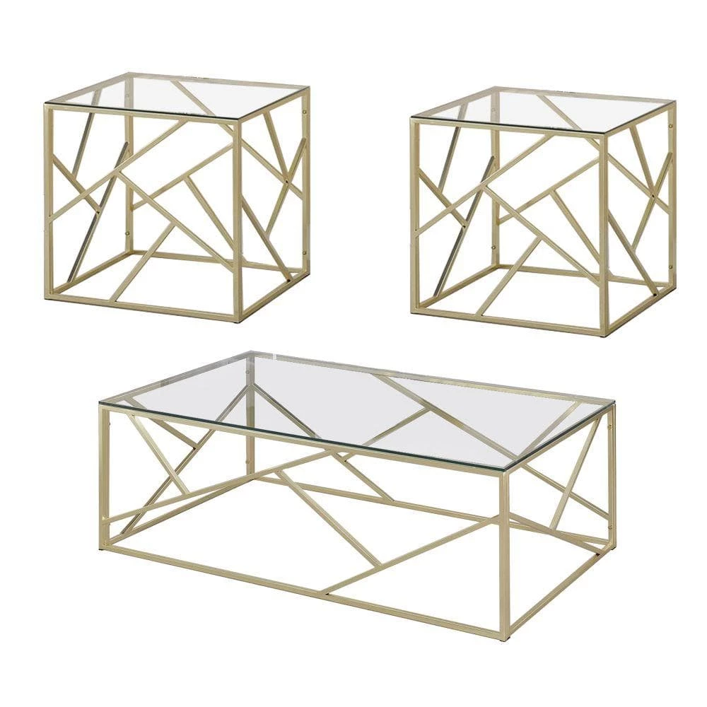 3-Piece 48 in. Gold/Clear Large Rectangle Glass Coffee Table Set with Open Geometric Base by Benjara 1 3-Piece 48 in. Gold/Clear Large Rectangle Glass Coffee Table Set with Open Geometric Base by Benjara