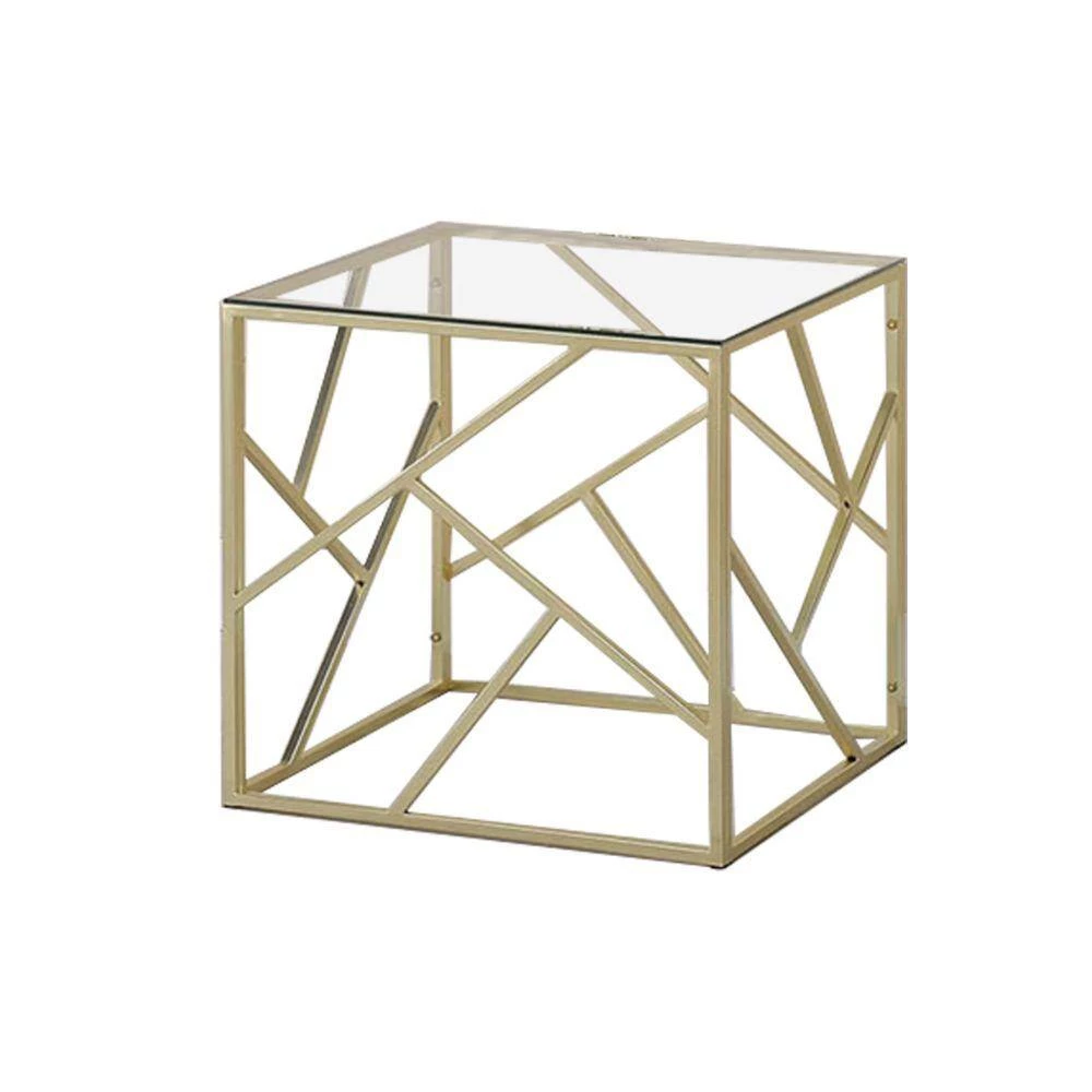3-Piece 48 in. Gold/Clear Large Rectangle Glass Coffee Table Set with Open Geometric Base by Benjara 2 3-Piece 48 in. Gold/Clear Large Rectangle Glass Coffee Table Set with Open Geometric Base by Benjara - Image 2
