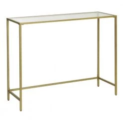 39.4 in. Gold and Clear Tempered Glass Rectangular Shelf Metal Console Sofa Table by Benjara