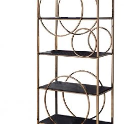Modern 68 in. H Gold and Dark Gray Wooden Etagere Bookcase with 4-Shelves and Circular Pattern by Benjara -Cheap Benjara Store gold and gray benjara bookcases bookshelves bm209607 1f 1000