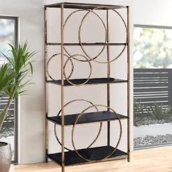 Modern 68 in. H Gold and Dark Gray Wooden Etagere Bookcase with 4-Shelves and Circular Pattern by Benjara -Cheap Benjara Store gold and gray benjara bookcases bookshelves bm209607 31 1000