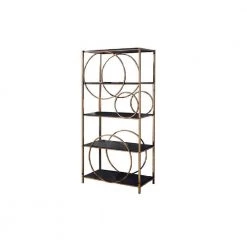 Modern 68 in. H Gold and Dark Gray Wooden Etagere Bookcase with 4-Shelves and Circular Pattern by Benjara