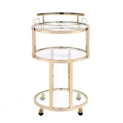 Gold 3-Tiered Metal Serving Cart with Glass Inserted Shelves and Curved Side Handle by Benjara -Cheap Benjara Store gold benjara bar carts bm194341 4f 1000