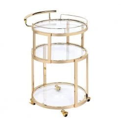 Gold 3-Tiered Metal Serving Cart with Glass Inserted Shelves and Curved Side Handle by Benjara
