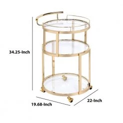 Gold 3-Tiered Metal Serving Cart with Glass Inserted Shelves and Curved Side Handle by Benjara -Cheap Benjara Store gold benjara bar carts bm194341 fa 1000
