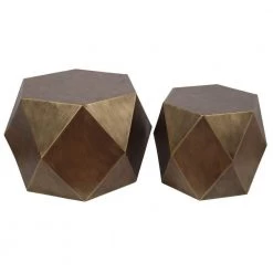 27 Inch Gold Hexagonal Top Metal Faceted Coffee Table (Set of 2) by Benjara