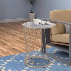 20 in. W Gold Contemporary End Table with Twisted Metal Base and Round Glass Top by Benjara -Cheap Benjara Store gold benjara end side tables bm209586 31 1000