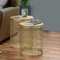 15.75 in. x 21.75 in. Gold Pierced Metal Base Nesting Table with Mirror Top (Set of 2) by Benjara -Cheap Benjara Store gold benjara nesting tables bm144186 31 1000