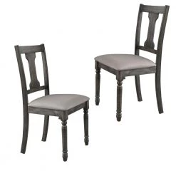 Gray and Beige Wooden Side Chairs with Linen Padded Seat and Splat back Design (Set of 2) by Benjara