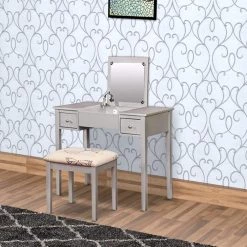 Gray and Beige Wooden Vanity with Flip Top Mirror and Cushioned Stool (30 in. x 36 in. x 18 in. ) by Benjara -Cheap Benjara Store gray and beige benjara makeup vanities bm144155 31 1000