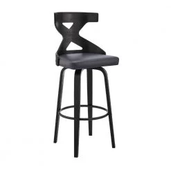 44 in. Gray and Black Metal Framed Swivel Barstool with Curved Wooden x Back by Benjara