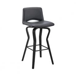 40 in. Gray and Black Low Back Metal and Wooden Swivel Barstool with Faux Leather and Wooden Support by Benjara