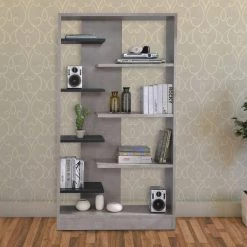 Faux Concrete and Wooden Gray and Black Bookshelf with Open Shelves by Benjara -Cheap Benjara Store gray and black benjara bookcases bookshelves bm194311 31 1000
