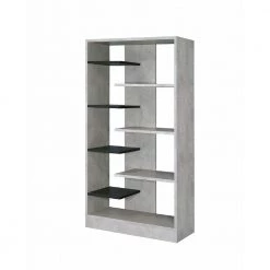 Faux Concrete and Wooden Gray and Black Bookshelf with Open Shelves by Benjara