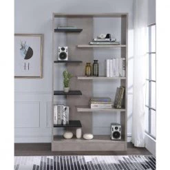 Faux Concrete and Wooden Gray and Black Bookshelf with Open Shelves by Benjara -Cheap Benjara Store gray and black benjara bookcases bookshelves bm194311 c3 1000