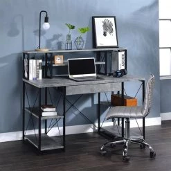 24 in. H with Gray and Black Metal Writing Desk with 4-Open Bottom Shelves and Bookcase Hutch by Benjara -Cheap Benjara Store gray and black benjara writing desks bm209610 31 1000