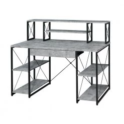 24 in. H with Gray and Black Metal Writing Desk with 4-Open Bottom Shelves and Bookcase Hutch by Benjara