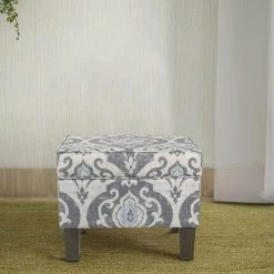 18 in. H Gray and Blue Wooden Ottoman with Patterned Fabric Upholstery and Hidden Storage by Benjara -Cheap Benjara Store gray and blue benjara ottomans bm194113 fa 1000