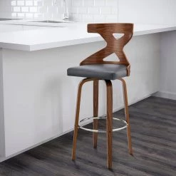 44 in. Gray and Brown Metal Framed Swivel Barstool with Curved Wooden x Back by Benjara -Cheap Benjara Store gray and brown benjara bar stools bm270003 31 1000