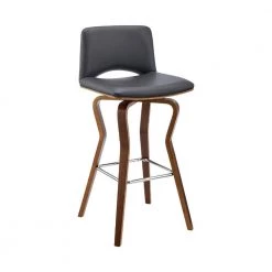 40 in. Gray and Brown Low Back Metal and Wood Swivel Barstool with Faux Leather and Wooden Support by Benjara