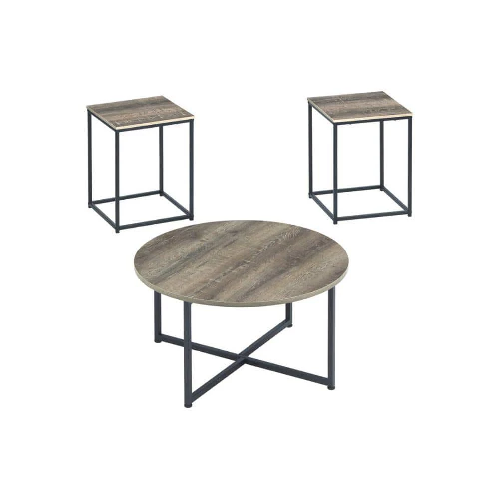 16.13 in. H Gray and Brown Wooden Table Set with Sturdy Metal Base (Set of 3) by Benjara 1 16.13 in. H Gray and Brown Wooden Table Set with Sturdy Metal Base (Set of 3) by Benjara