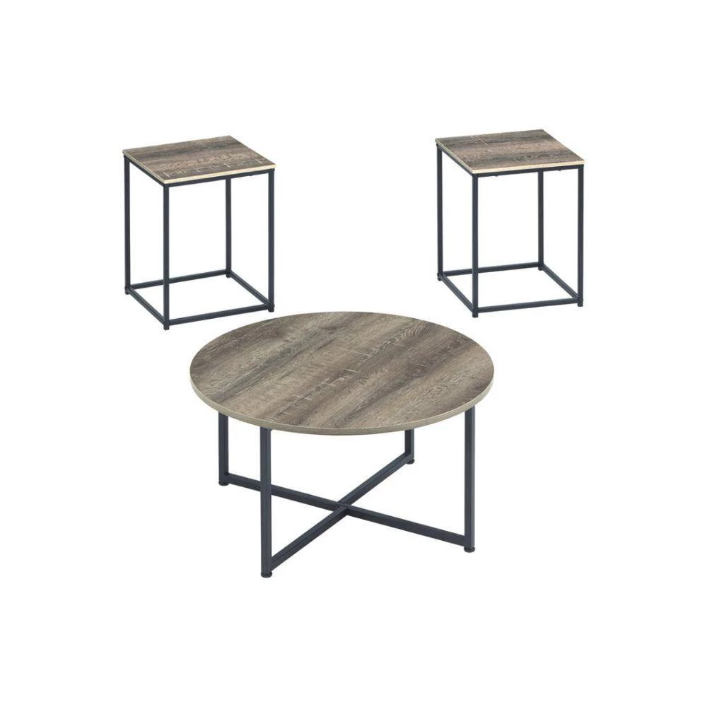 16.13 in. H Gray and Brown Wooden Table Set with Sturdy Metal Base (Set of 3) by Benjara 2 16.13 in. H Gray and Brown Wooden Table Set with Sturdy Metal Base (Set of 3) by Benjara - Image 2