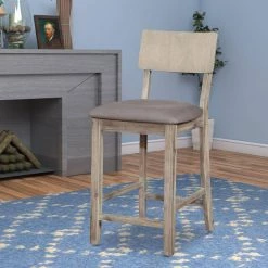 37.6 in. H Gray Washed Wooden Counter Stool with Curved Backrest and Padded Seat by Benjara -Cheap Benjara Store gray benjara bar stools bm143903 31 1000