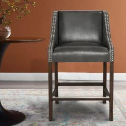 37 in. H Gray Wood and Leatherette Counter Height Stool with Swooping Arms and Nail Head Trim by Benjara -Cheap Benjara Store gray benjara bar stools bm195677 fa 1000