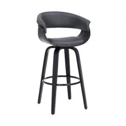 41 in. Gray Low Back Metal and Wooden Swivel Faux Leather Barstool with Curved Open Back by Benjara
