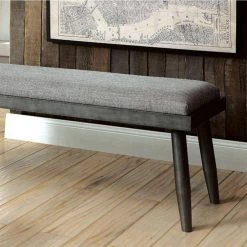 Vilhelm I Mid Century Modern Style Gray Metal and Fabric Upholstered Bench 15.5" L x 49" W x 15.75" H by Benjara -Cheap Benjara Store gray benjara bedroom benches bm123680 1f 1000