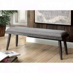 Vilhelm I Mid Century Modern Style Gray Metal and Fabric Upholstered Bench 15.5" L x 49" W x 15.75" H by Benjara -Cheap Benjara Store gray benjara bedroom benches bm123680 31 1000