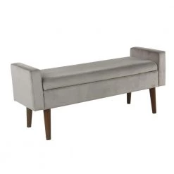 16 in. L x 48 in. W x 21 in. H Gray Velvet Upholstered Wooden Bench with Lift Top Storage and Tapered Feet by Benjara