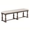 Gray Farmhouse Style Bench with Padded Seating and Turned Pedestal Base 60 in. L x 17 in. W x 19.5 in. H by Benjara