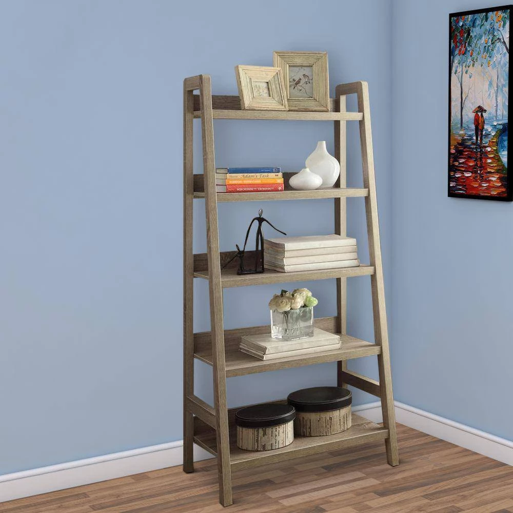 60 in. Height Transitional Style Gray with 5-Shelves Wooden Ladder Bookcase by Benjara 6 60 in. Height Transitional Style Gray with 5-Shelves Wooden Ladder Bookcase by Benjara - Image 6