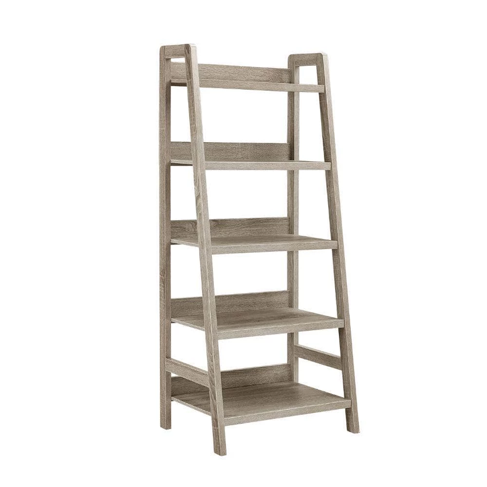60 in. Height Transitional Style Gray with 5-Shelves Wooden Ladder Bookcase by Benjara 1 60 in. Height Transitional Style Gray with 5-Shelves Wooden Ladder Bookcase by Benjara