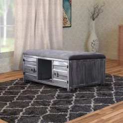 Industrial Gray Cushioned Metal Bench with 2-Cabinets and Open Shelf 56.25 in. L x 16.13 in. W x 19.88 in. H by Benjara -Cheap Benjara Store gray benjara dining benches bm203280 31 1000