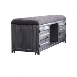 Industrial Gray Cushioned Metal Bench with 2-Cabinets and Open Shelf 56.25 in. L x 16.13 in. W x 19.88 in. H by Benjara