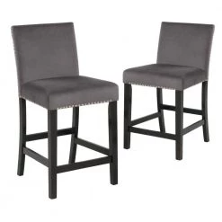 Gray Kate 40 in. Wooden Counter Height Chair with Velvet Seat (Set of 2) by Benjara