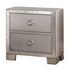 2-Drawer Silver Nightstand with Mirror Insert Front Trim by Benjara