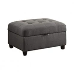 Gray Tufted Linen Upholstered Wooden Ottoman with Storage by Benjara