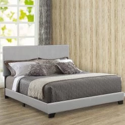 Gray Leather Upholstered Queen Size Platform Bed by Benjara -Cheap Benjara Store gray benjara platform beds bm182799 31 1000