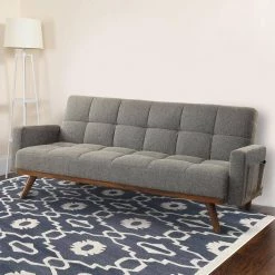 Gray Fabric Upholstered Tufted Futon Sofa with Angled Wooden Legs by Benjara -Cheap Benjara Store gray benjara sofas couches bm183227 31 1000
