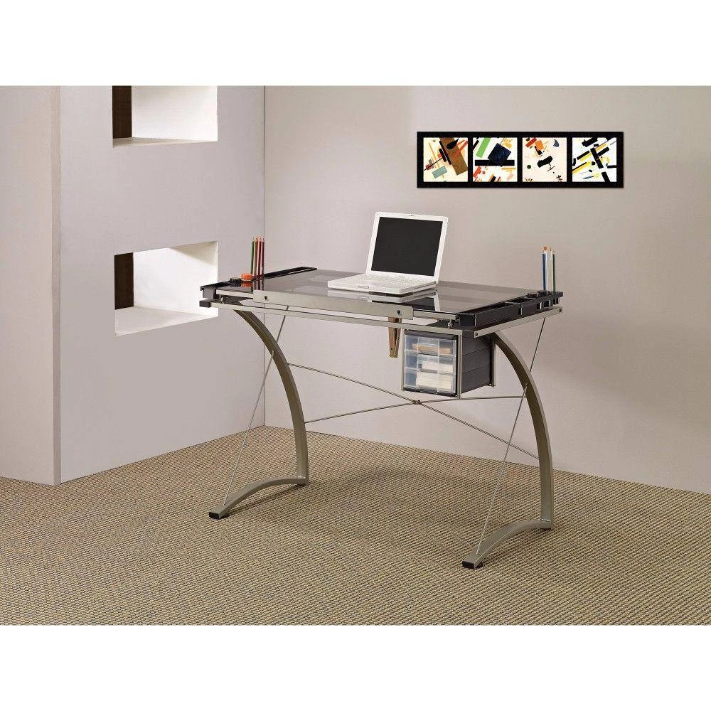 Sophisticated 23.75 in. Gray Metal Drafting Writing Desk with Tempered Glass Top by Benjara 6 Sophisticated 23.75 in. Gray Metal Drafting Writing Desk with Tempered Glass Top by Benjara - Image 6