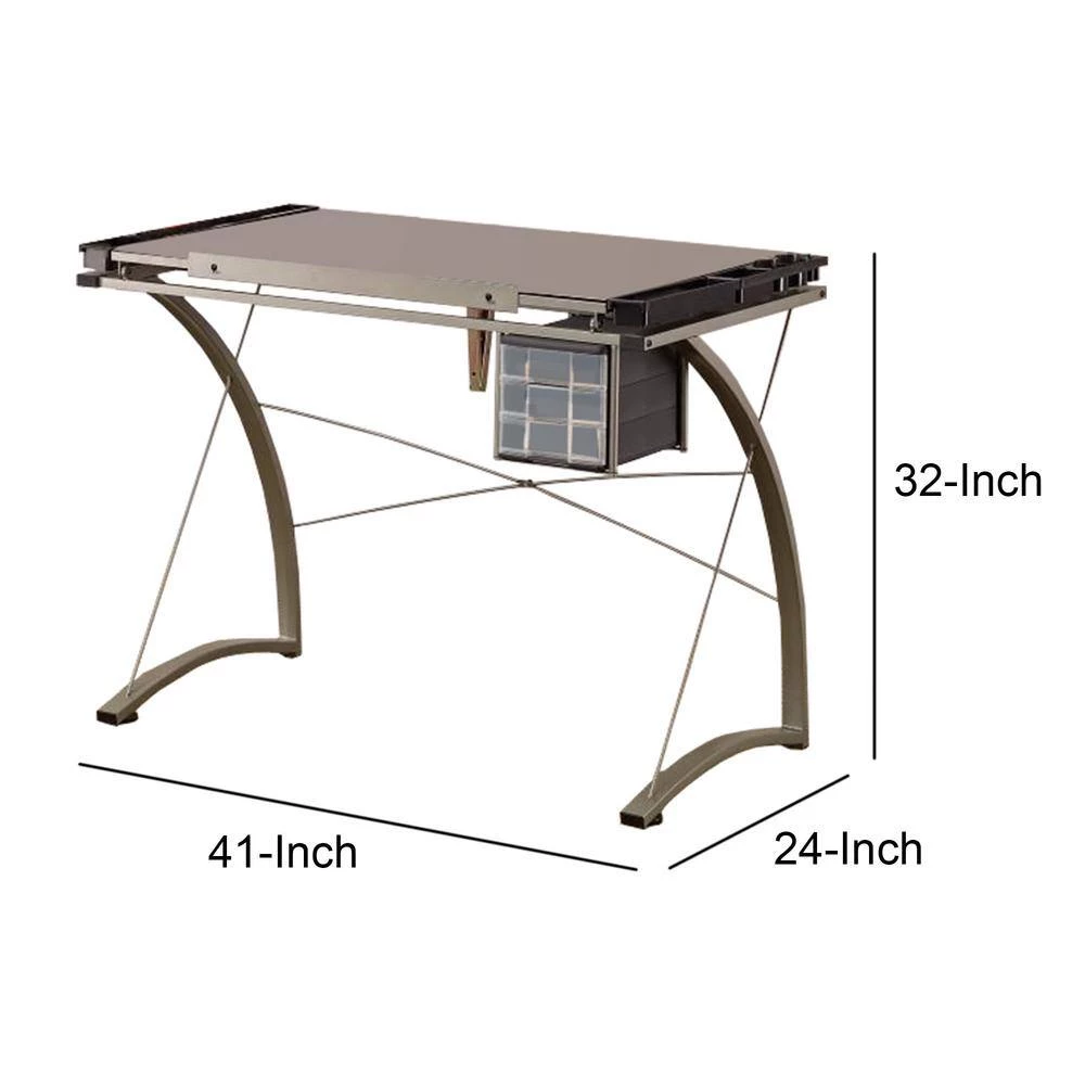 Sophisticated 23.75 in. Gray Metal Drafting Writing Desk with Tempered Glass Top by Benjara 5 Sophisticated 23.75 in. Gray Metal Drafting Writing Desk with Tempered Glass Top by Benjara - Image 5