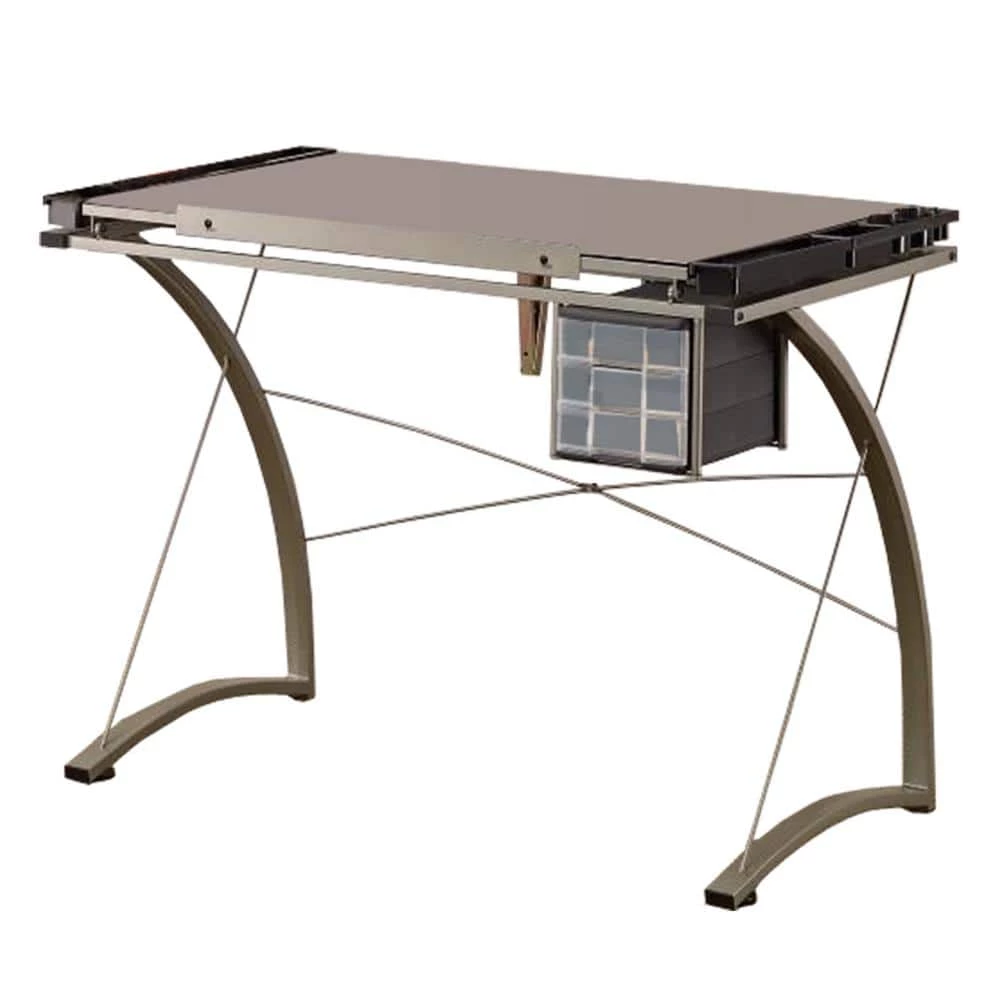 Sophisticated 23.75 in. Gray Metal Drafting Writing Desk with Tempered Glass Top by Benjara 1 Sophisticated 23.75 in. Gray Metal Drafting Writing Desk with Tempered Glass Top by Benjara