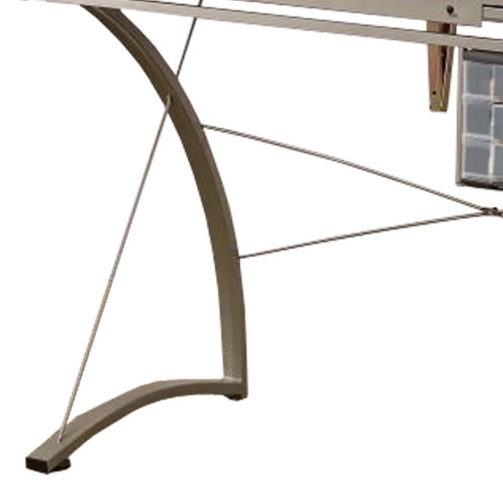 Sophisticated 23.75 in. Gray Metal Drafting Writing Desk with Tempered Glass Top by Benjara 3 Sophisticated 23.75 in. Gray Metal Drafting Writing Desk with Tempered Glass Top by Benjara - Image 3