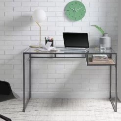 24 in. W Gray Rectangular Glass Top Writing Desk with Open Compartment and Sled Base by Benjara -Cheap Benjara Store gray benjara writing desks bm225734 31 1000