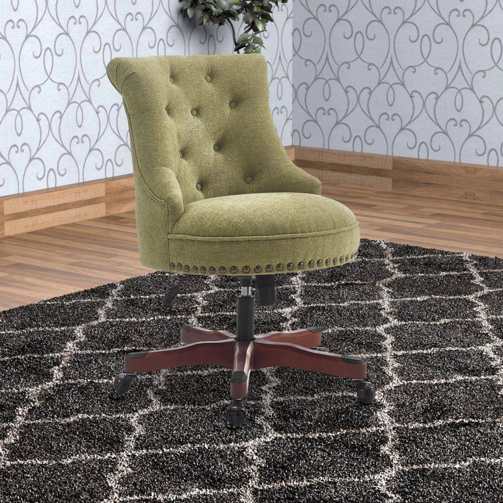 35 in. H Olive Green and Brown Wooden Office Chair with Button Tufted Backrest by Benjara 7 35 in. H Olive Green and Brown Wooden Office Chair with Button Tufted Backrest by Benjara - Image 7