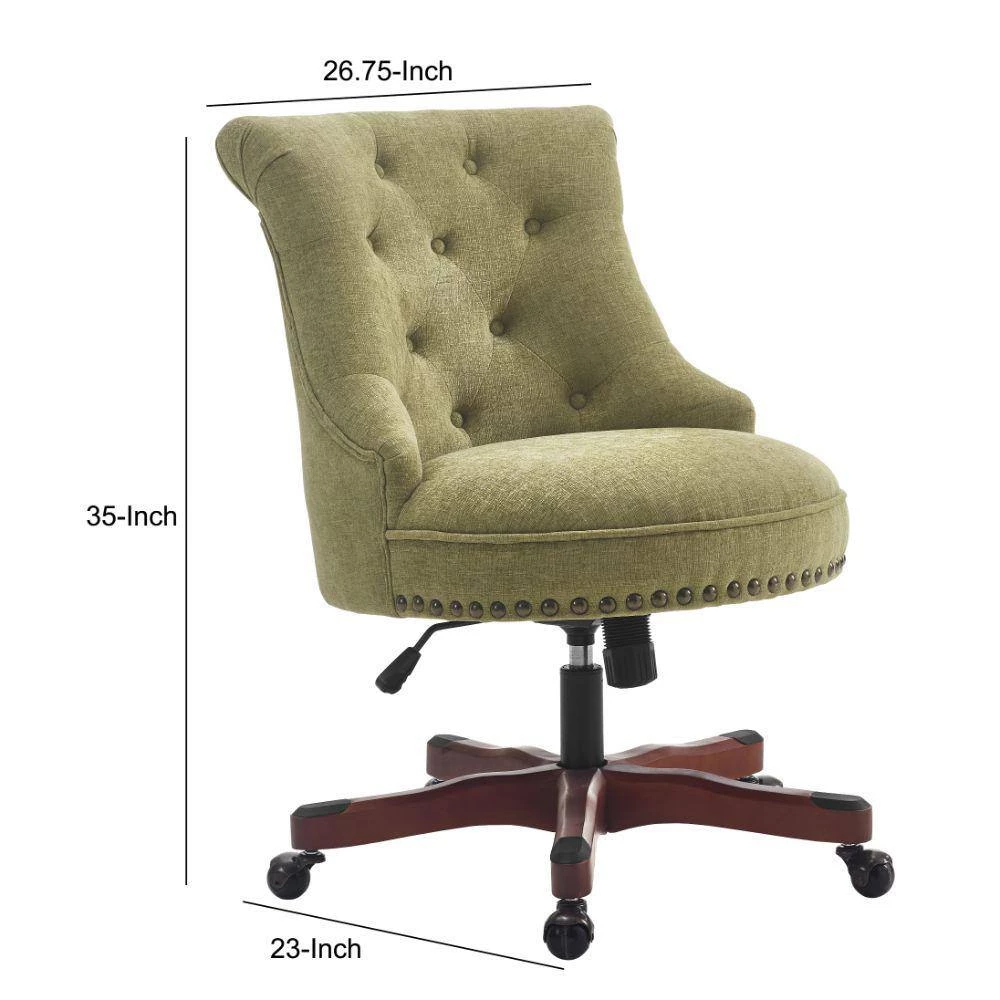 35 in. H Olive Green and Brown Wooden Office Chair with Button Tufted Backrest by Benjara 3 35 in. H Olive Green and Brown Wooden Office Chair with Button Tufted Backrest by Benjara - Image 3